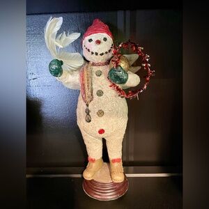 Paul Gordon Vintage Folk Art Primitive Large Snowman With Wreath & Tree & Wings